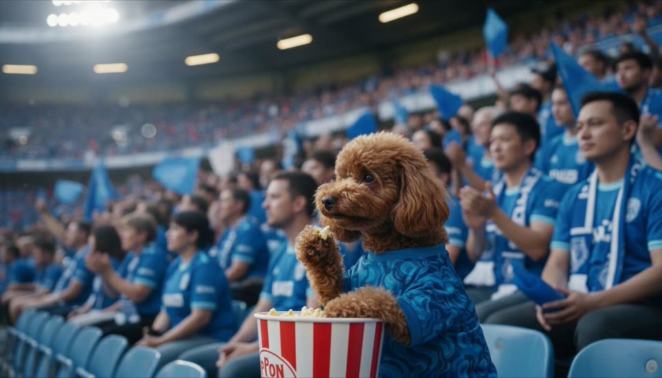 Poodle with popcorn in the stands, made with FanCam AI